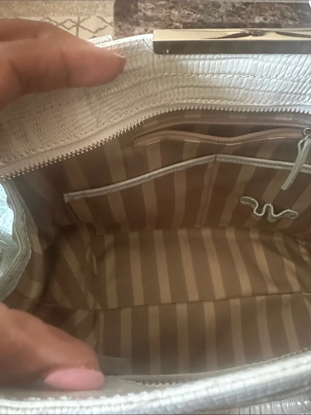 Brahmin Ivory Textured Tote with Embossed Trim